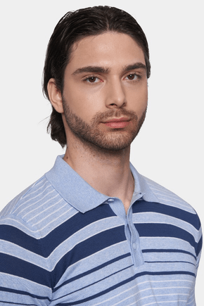 Light blue striped polo collar with button placket detail, close-up