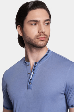 Mercerized cotton polo, powder blue quarter-zip collar in close-up