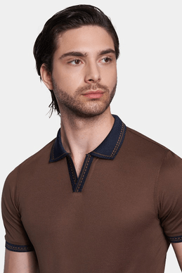 Chocolate open polo shirt with navy V-neck placket and contrast trim