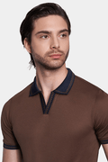 Chocolate open polo shirt with navy V-neck placket and contrast trim