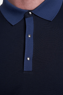 Dark blue knit polo placket with contrast trim and three buttons