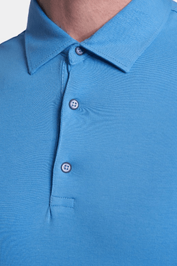 Blue mercerized cotton polo collar and button placket close-up