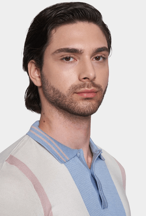 Close-up pastel striped cotton polo shirt with light blue collar and button placket
