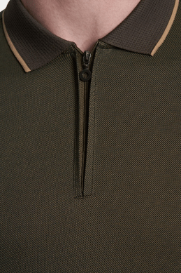 Olive polo collar and button placket detail with ribbed trim