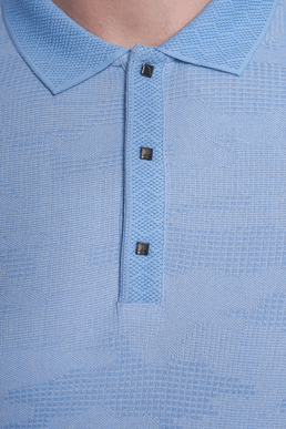 Men's sky blue knit polo shirt fabric texture and button placket
