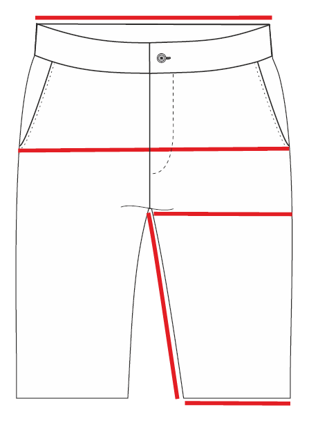 Jet black shorts technical sketch, front view with fly and hem lines