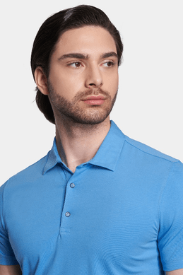Blue mercerized cotton polo shirt with button placket and pointed collar