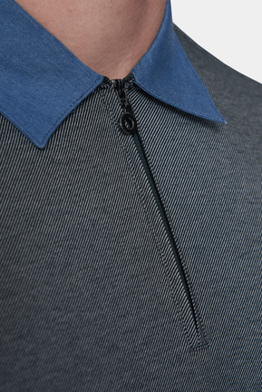 Stone dark gray knit polo close-up with blue collar and button placket detail