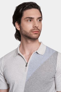 Blued gray mercerized cotton polo with ribbed collar and half-zip placket