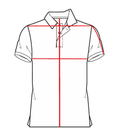 White polo shirt diagram with red measurement lines and outlined collar