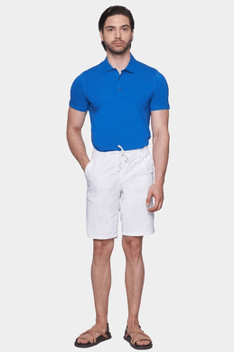 Royal blue mercerized cotton polo shirt, front view with collared neckline.