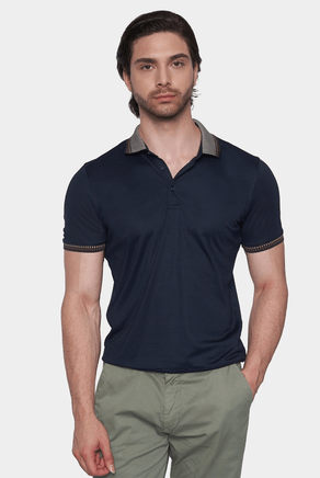 Navy mercerized cotton polo with striped collar trim and three-button placket
