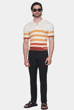 Cream striped polo shirt with quarter-zip front and short sleeves