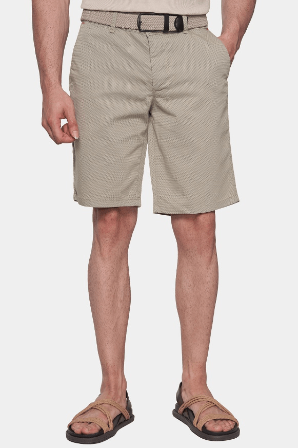 Men's natural beige summer shorts, belt loops, button-fly front, above-knee cut