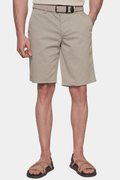 Men's natural beige summer shorts, belt loops, button-fly front, above-knee cut