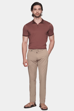 Brick knit cotton polo with ribbed collar and short sleeves, straight hem