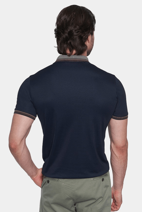 Navy polo shirt back view with ribbed cuff stripes and straight hem