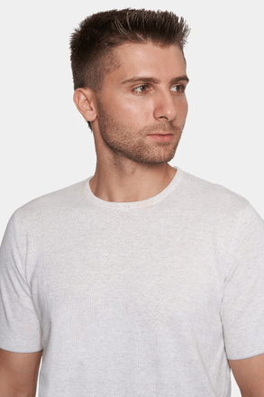 Close-up of men's heather light crew-neck T-shirt collar and short sleeves