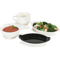 White oval polycarbonate casserole dish with eared handles, microwave-safe