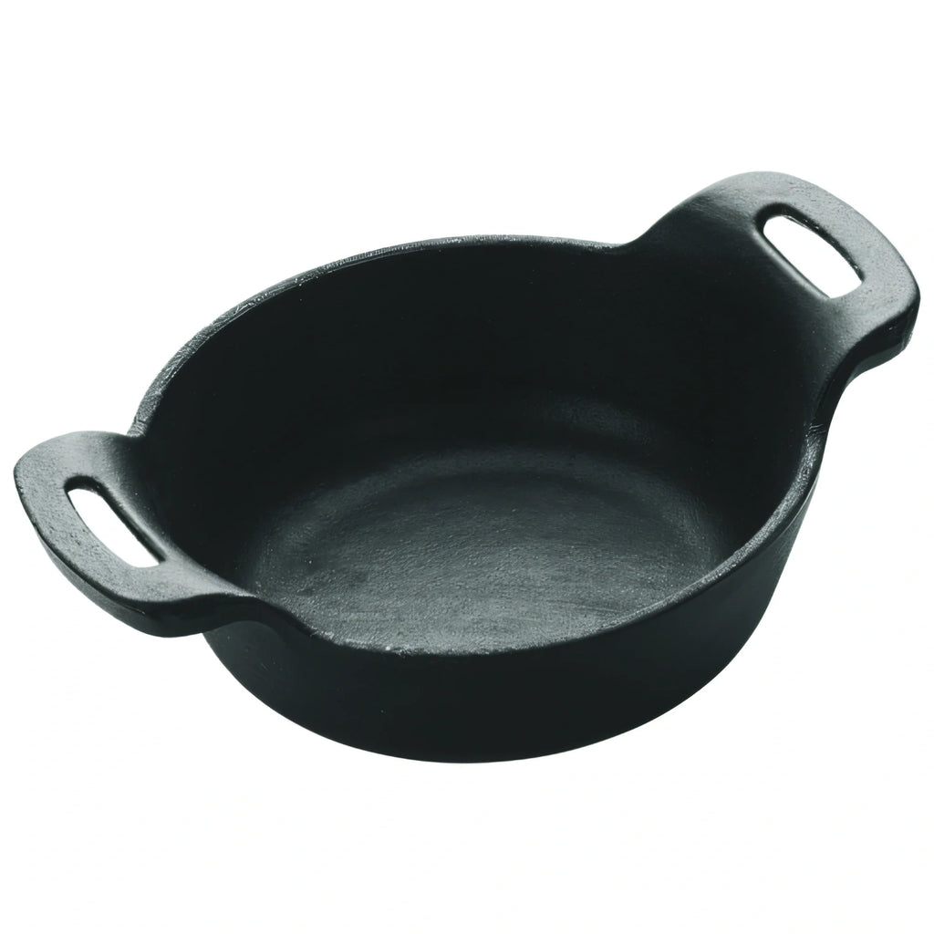 Mini cast iron serving dish with matte black enamel, two side handles, round