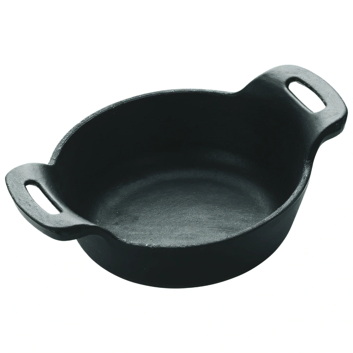 Mini cast iron serving dish with matte black enamel, two side handles, round