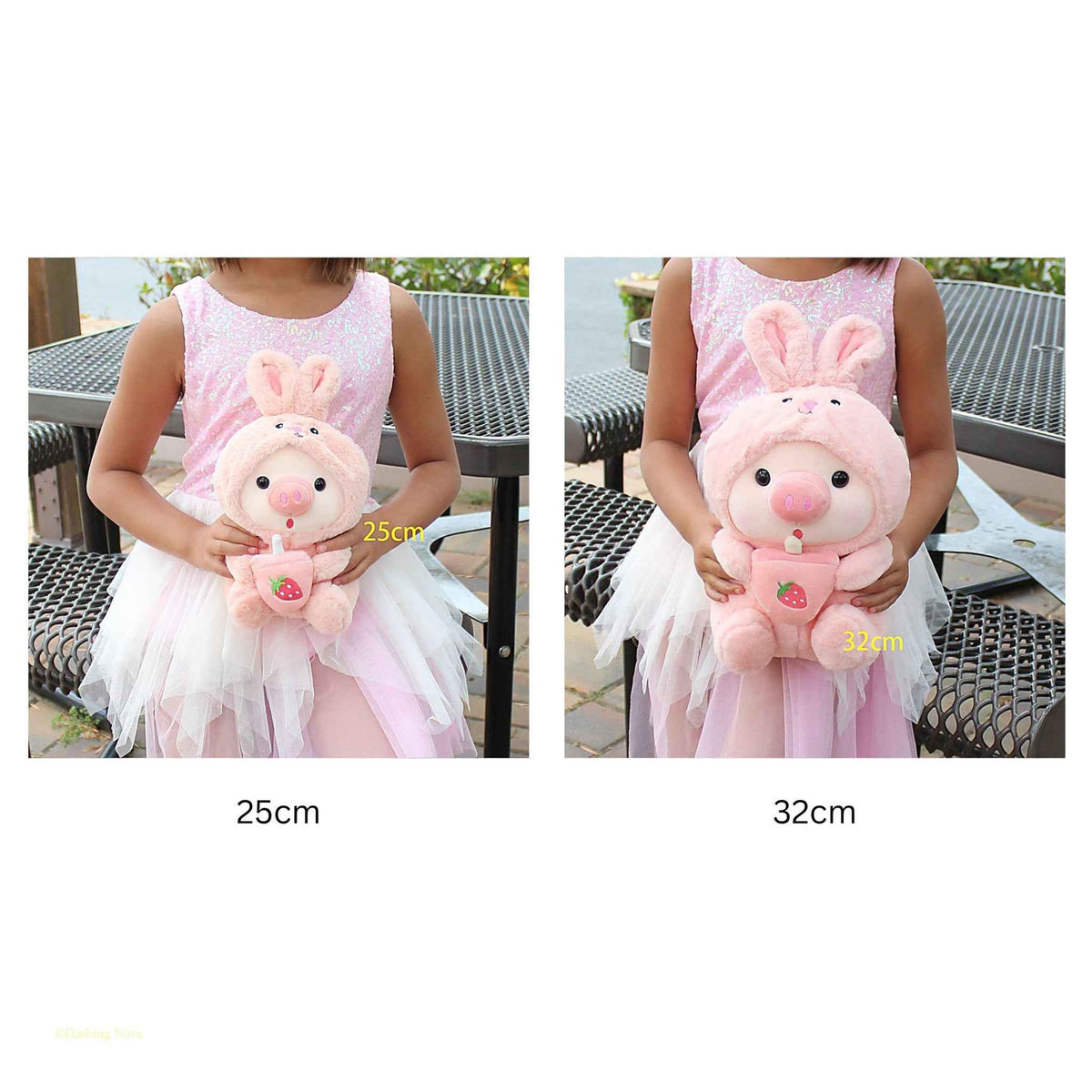 Pig boba plush toy held by child, pink bunny hood plush with tulle dress