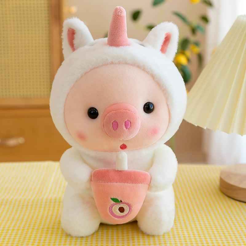 Unicorn pig plush toy with pink boba-cup design
