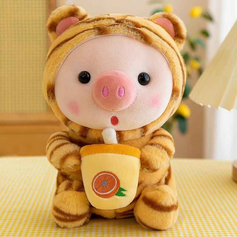 Tiger pig plush toy with yellow boba-cup design