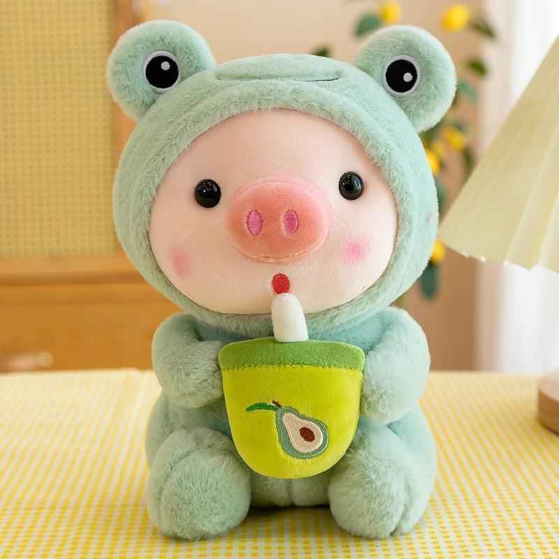 Frog pig plush toy with green boba-cup design