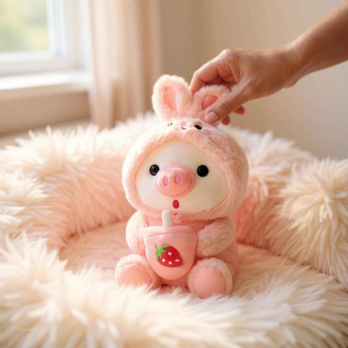 Pig boba plush toy on soft white shag blanket, pink bunny hood and strawberry drink
