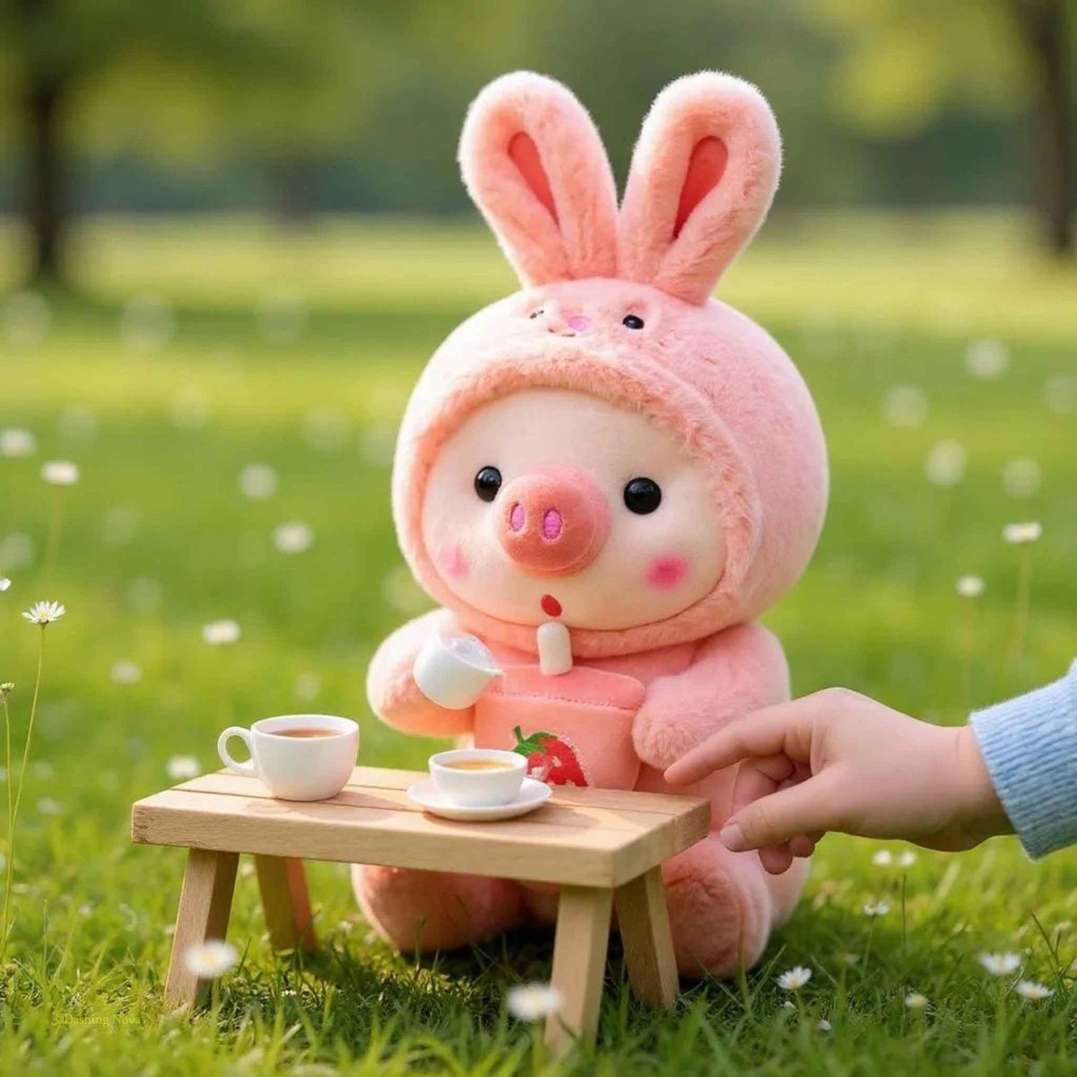 Pink pig boba plush toy with tall bunny ears, holding small cup on grass