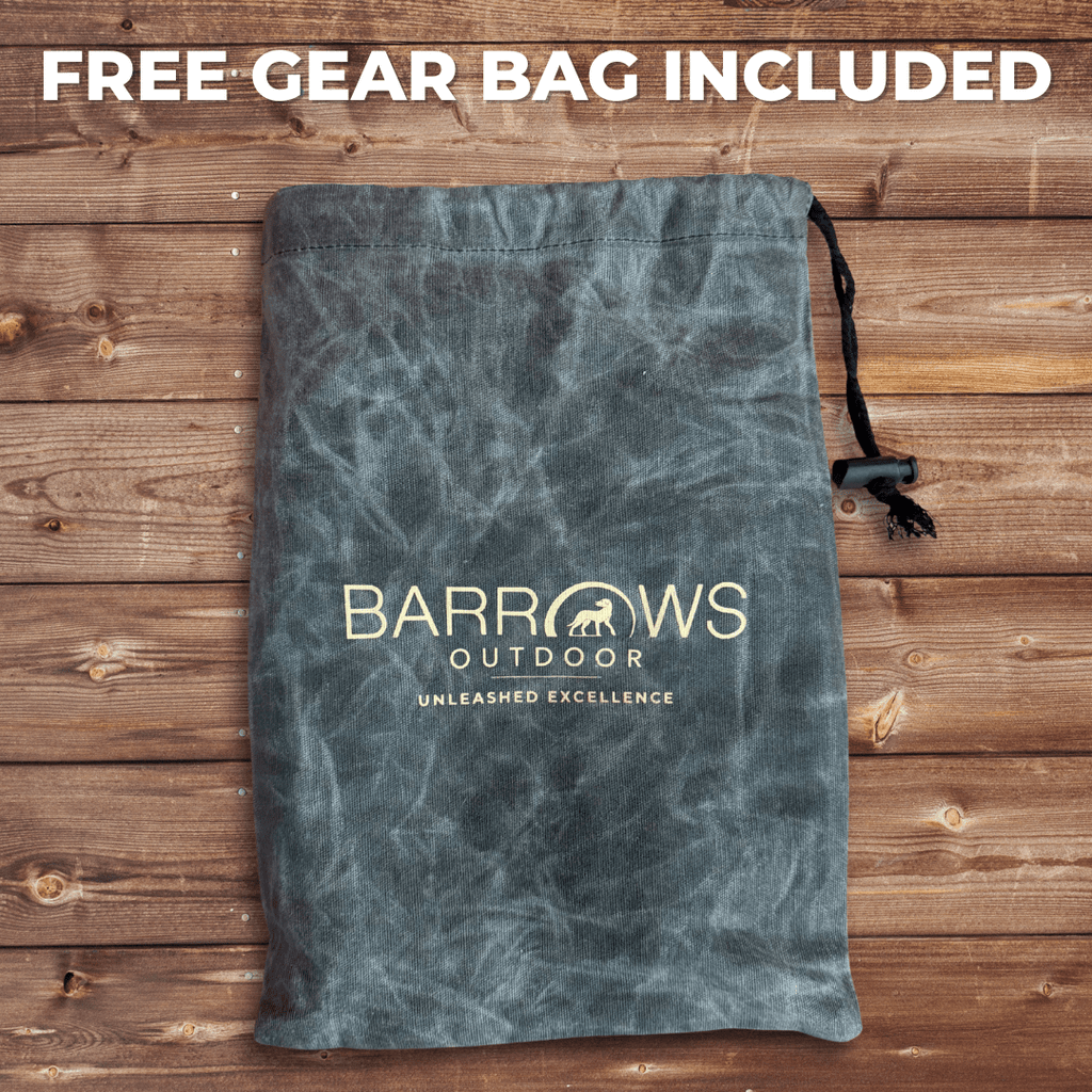 Dark teal drawstring pouch with BARROWS logo and branding text