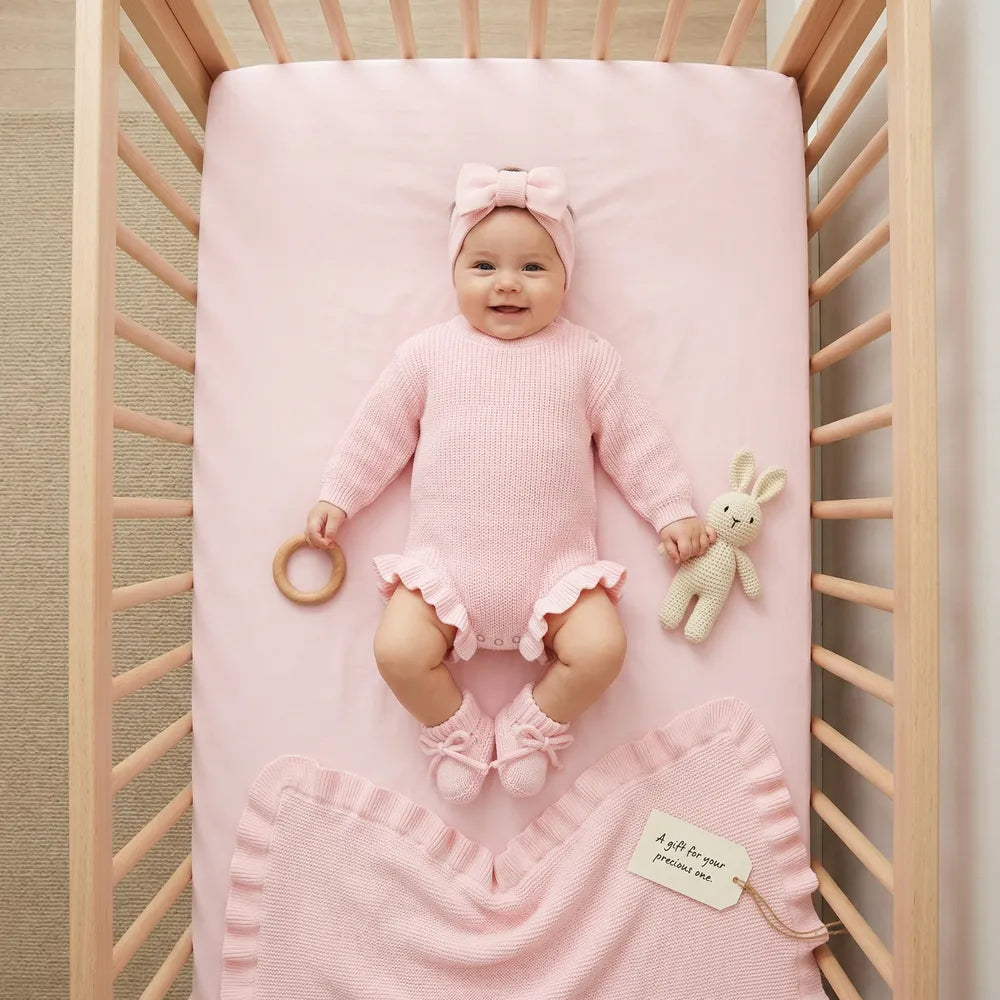 Pink knit baby romper with ruffled leg cuffs and snap buttons