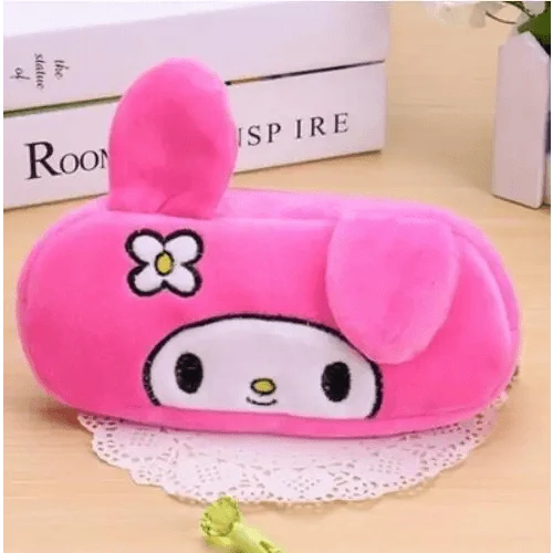 Pink plush animal pencil case with flower emblem, cartoon face, and zipper.