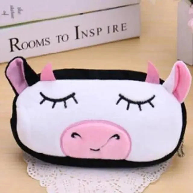White plush animal pencil case with black ear trim and pink snout face.