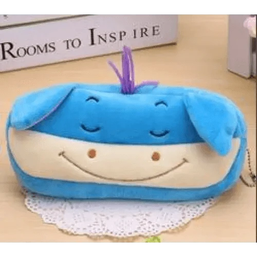 Blue plush smiley pencil case with cartoon face, closed eyes, and zipper.