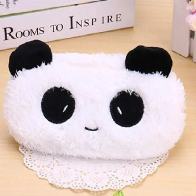 White plush panda pencil case with large eyes and stitched smile.