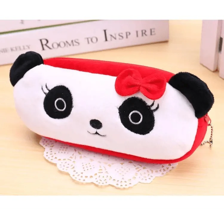 White plush panda pencil case with red bow, big eyes, and zipper.