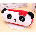 White plush panda pencil case with red bow, big eyes, and zipper.
