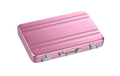 Pink mini briefcase with hinged lid and chrome latches, top view.