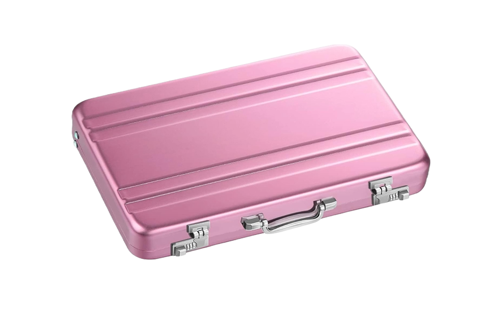 Pink mini briefcase with hinged lid and chrome latches, top view.