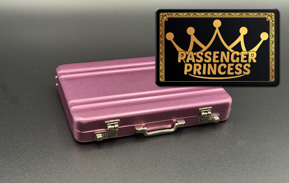 Pink mini briefcase with black “PASSENGER PRINCESS” card holder on top