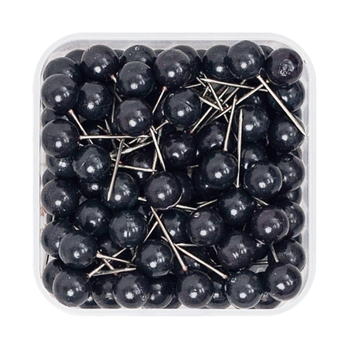 Black canvas push pins with silver needle points in a clear storage box