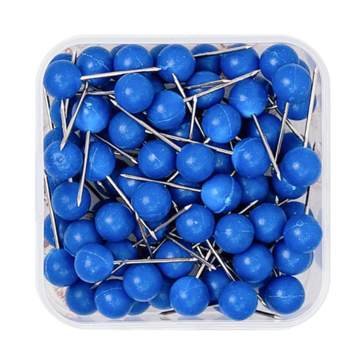 Blue canvas push pins with silver needle points in a clear storage box