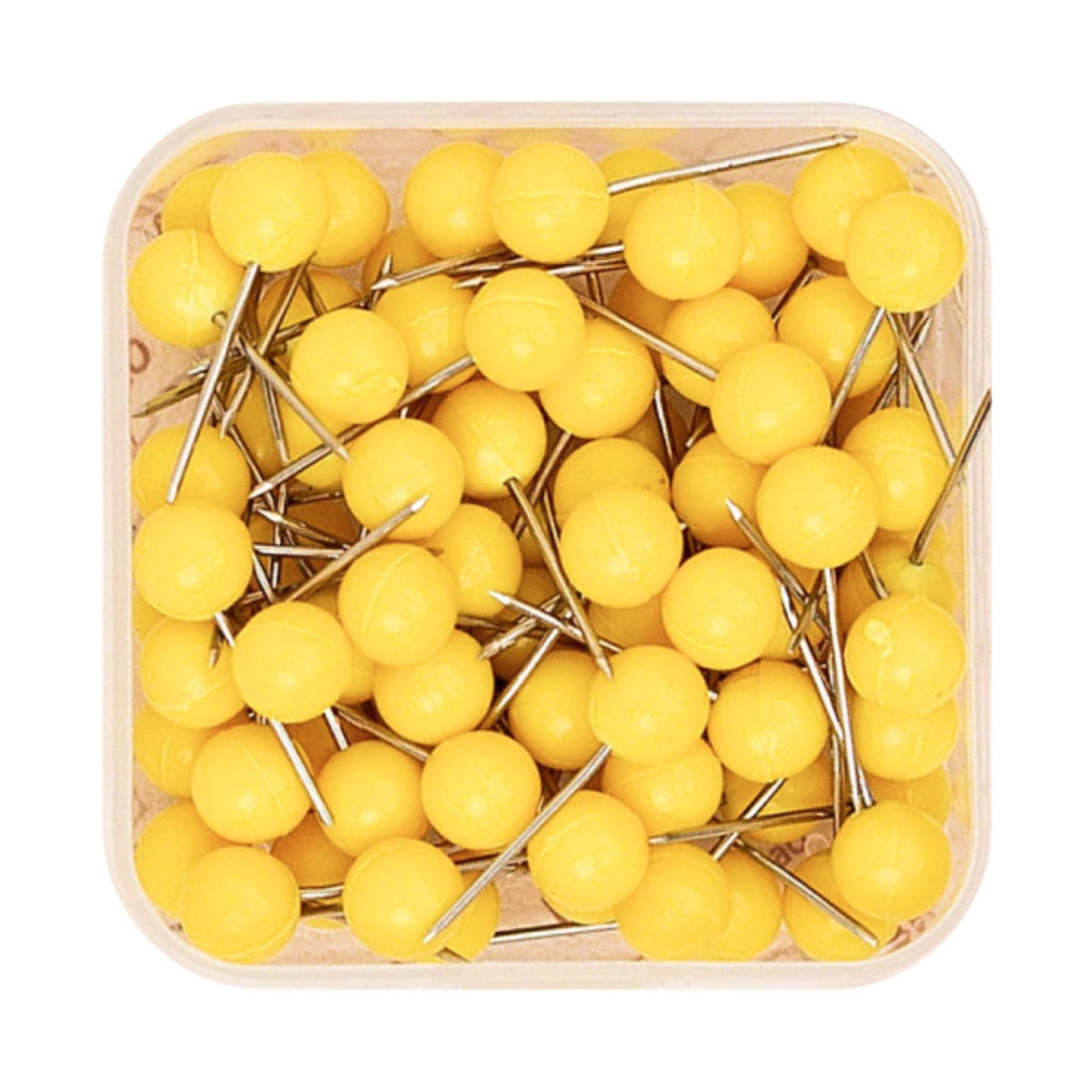 Yellow canvas push pins with silver needle points in a clear storage box