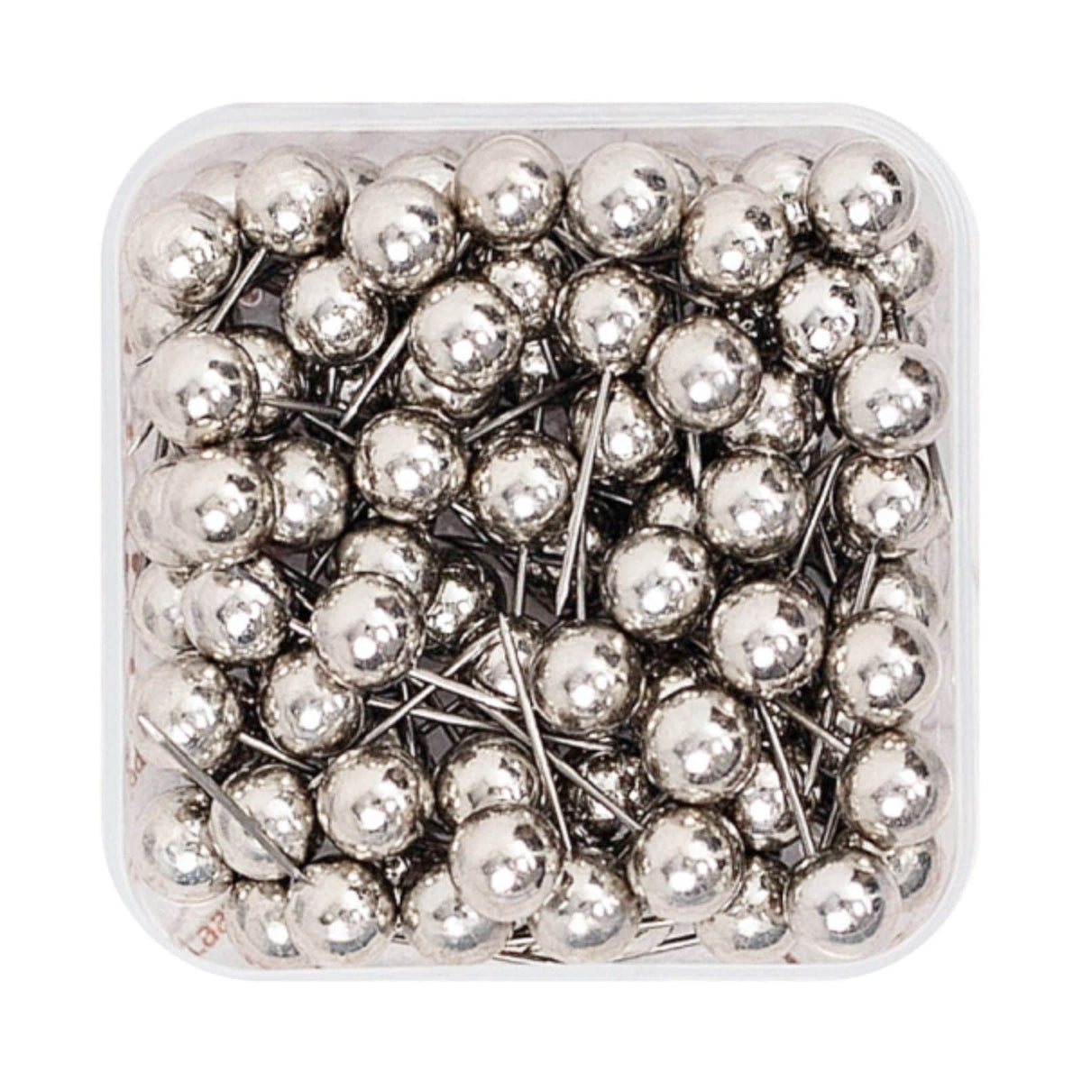 Silver canvas push pins with metal needle points in a clear storage box