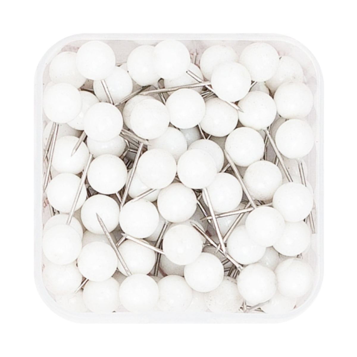 White canvas push pins with silver needle points in a clear storage box