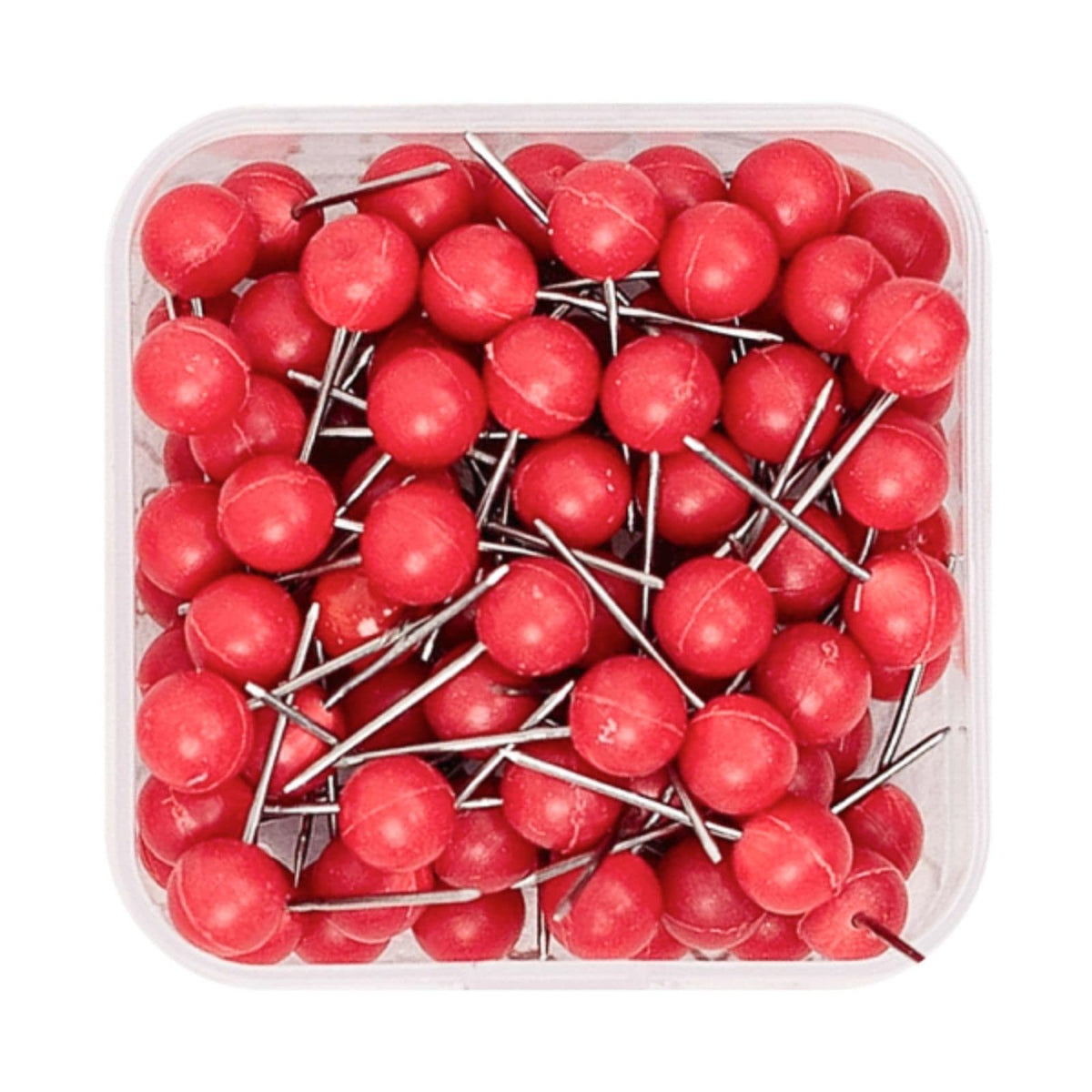 Red canvas push pins with silver needle points in a clear storage box