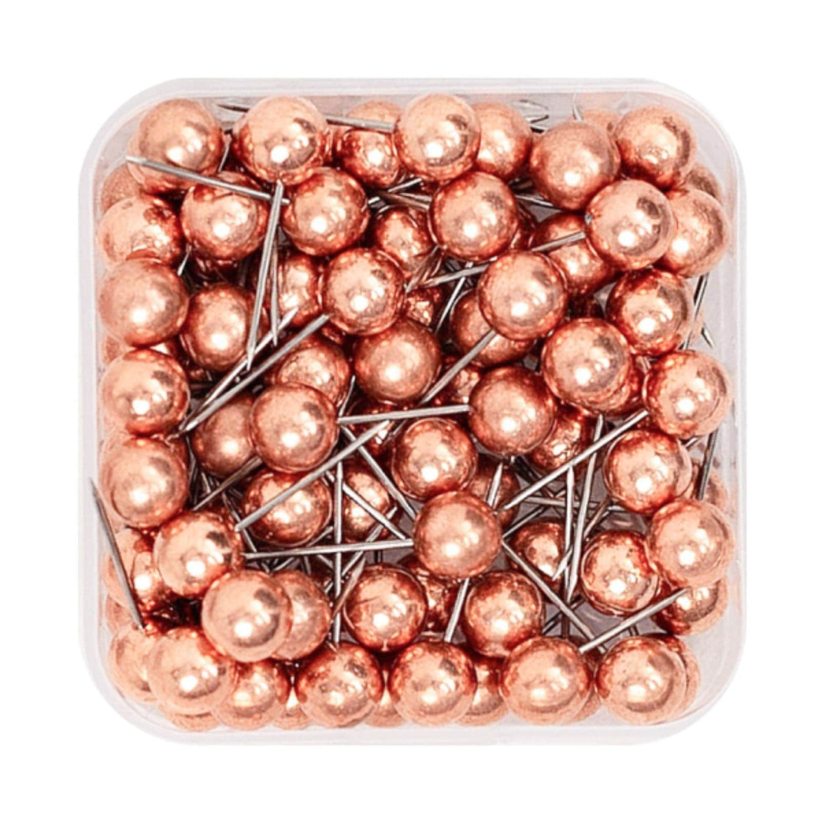 Rose gold canvas push pins with silver needle points in a clear storage box
