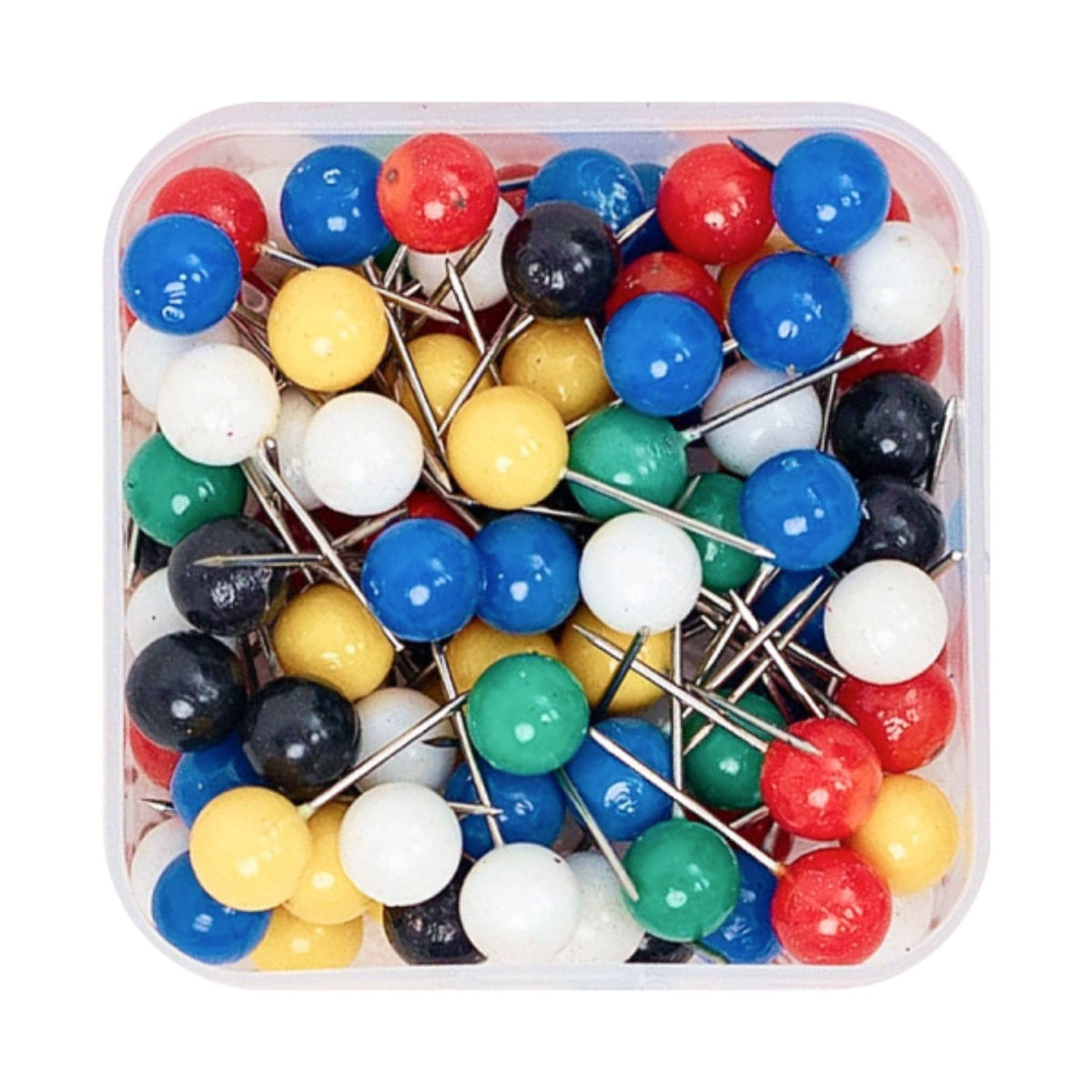 Mixed color canvas push pins with silver needle points in a clear storage box